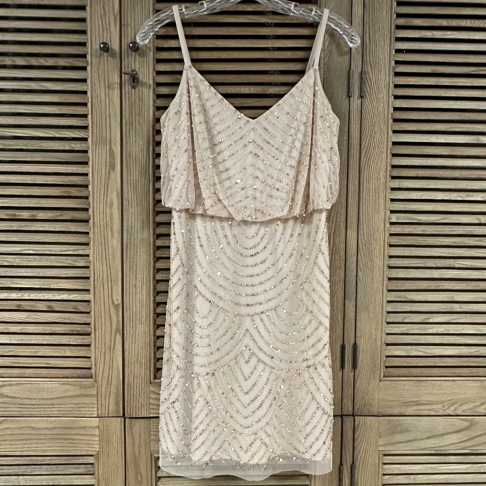 Adrianna Papell Rose Gold Beaded Sequin Sheath Short Dress Size 4